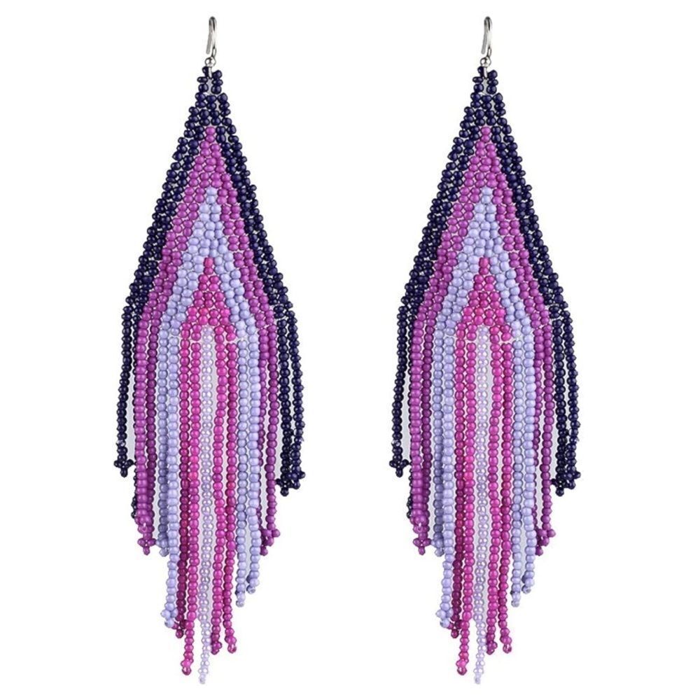 Purple Bohemian Seed Bead Tassel Dangling Statement French Wire Hook Earrings